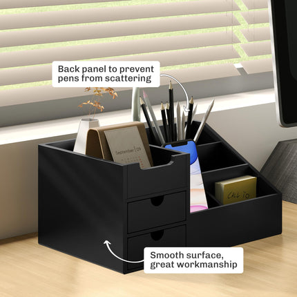 Bamboo Desk Organiser with 7 Compartments and 2 Drawers for Office Supplies - Black