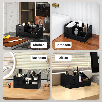 Bamboo Desk Organiser with 7 Compartments and 2 Drawers for Office Supplies - Black