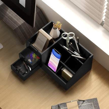 Bamboo Desk Organiser with 7 Compartments and 2 Drawers for Office Supplies - Black