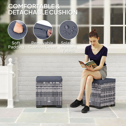Set of 2 Rattan Storage Ottomans with Removable Cushions - Dark Grey