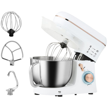 5L Stand Mixer with 1400W Motor, 6 Speeds & Pulse, Dough Hook, Whisk, Beater, Stainless Steel Bowl, Splash Guard - White