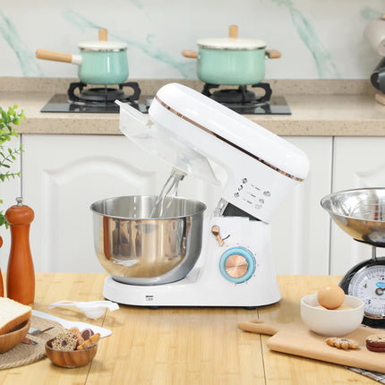 5L Stand Mixer with 1400W Motor, 6 Speeds & Pulse, Dough Hook, Whisk, Beater, Stainless Steel Bowl, Splash Guard - White