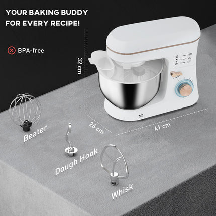 5L Stand Mixer with 1400W Motor, 6 Speeds & Pulse, Dough Hook, Whisk, Beater, Stainless Steel Bowl, Splash Guard - White