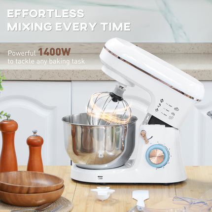 5L Stand Mixer with 1400W Motor, 6 Speeds & Pulse, Dough Hook, Whisk, Beater, Stainless Steel Bowl, Splash Guard - White