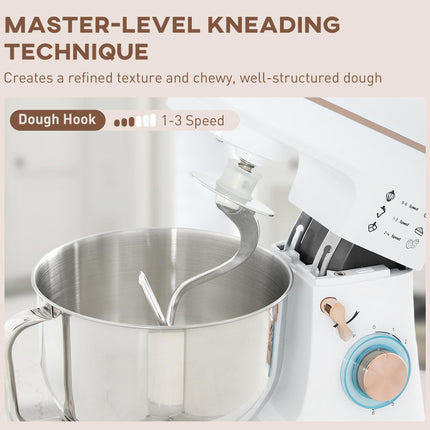 5L Stand Mixer with 1400W Motor, 6 Speeds & Pulse, Dough Hook, Whisk, Beater, Stainless Steel Bowl, Splash Guard - White