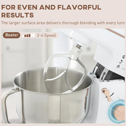 5L Stand Mixer with 1400W Motor, 6 Speeds & Pulse, Dough Hook, Whisk, Beater, Stainless Steel Bowl, Splash Guard - White