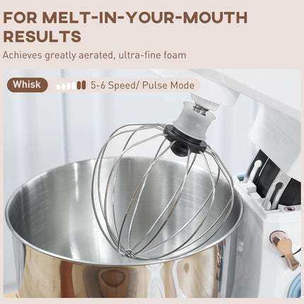 5L Stand Mixer with 1400W Motor, 6 Speeds & Pulse, Dough Hook, Whisk, Beater, Stainless Steel Bowl, Splash Guard - White