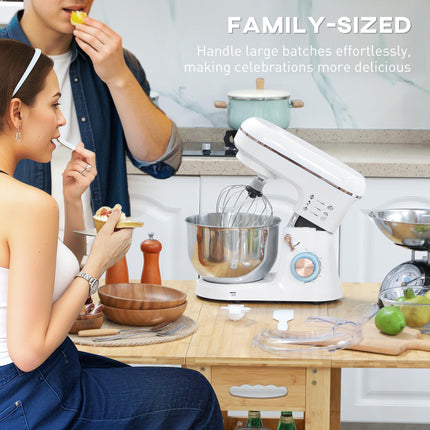 5L Stand Mixer with 1400W Motor, 6 Speeds & Pulse, Dough Hook, Whisk, Beater, Stainless Steel Bowl, Splash Guard - White