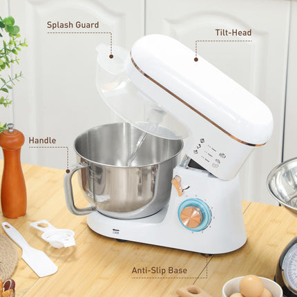 5L Stand Mixer with 1400W Motor, 6 Speeds & Pulse, Dough Hook, Whisk, Beater, Stainless Steel Bowl, Splash Guard - White
