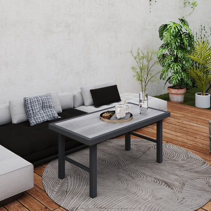 Metal Garden Coffee Table 100x53cm with SPC Woodgrain Top - Grey Wood Effect