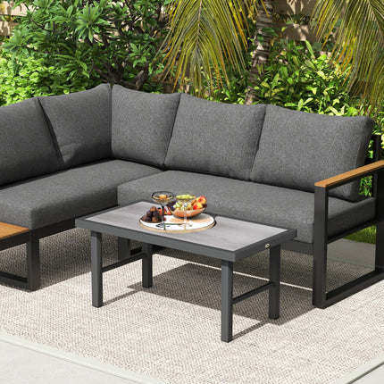 Metal Garden Coffee Table 100x53cm with SPC Woodgrain Top - Grey Wood Effect