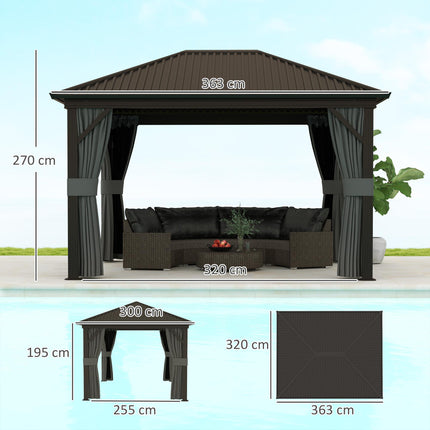 3.6 x 3m Aluminium Frame Hardtop Gazebo with Accessories - Dark Grey