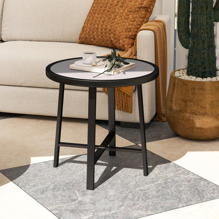 Small Round Garden Side Table with Waterproof SPC Top - Grey Wood Effect