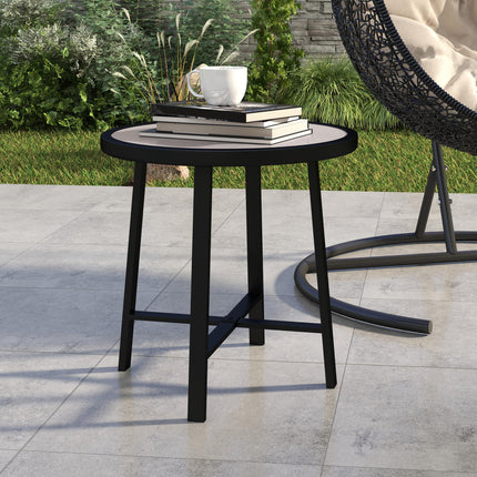 Small Round Garden Side Table with Waterproof SPC Top - Grey Wood Effect