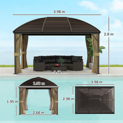 3 x 4m Aluminium Hardtop Gazebo with Netting and Curtains - Brown