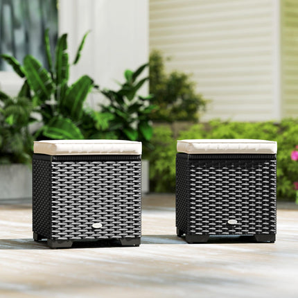 Set of 2 Rattan Storage Ottomans with Removable Cushions - Cream