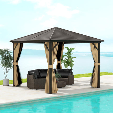 3 Piece Metal Hardtop Gazebo with Curtains and Accessories - Brown