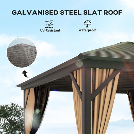 3 Piece Metal Hardtop Gazebo with Curtains and Accessories - Brown