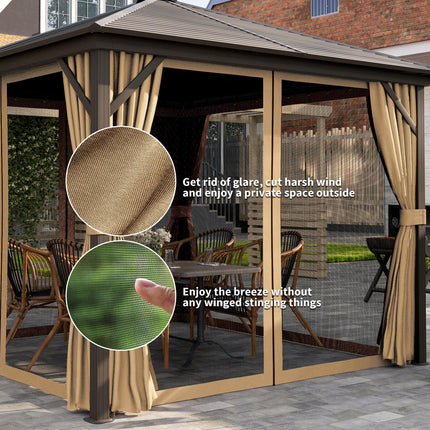 3 Piece Metal Hardtop Gazebo with Curtains and Accessories - Brown
