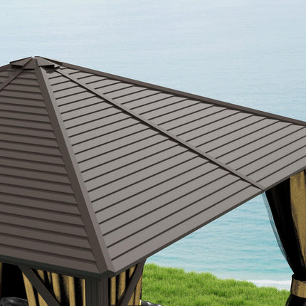 3 Piece Metal Hardtop Gazebo with Curtains and Accessories - Brown