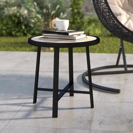 Round Small Garden Table, 50.5cm Outdoor Side Table with SPC Tabletop, Metal Fra