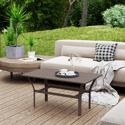 Rectangular Metal Garden Coffee Table with Slatted Top 91.5x55x45cm - Brown