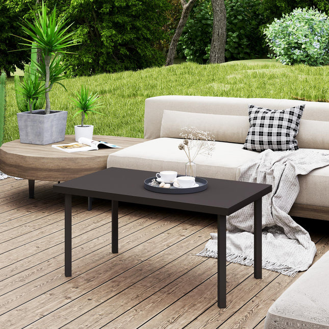 Metal Garden Coffee Table, Rectangular Outdoor Side Table with Woodgrain Tableto