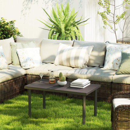 Metal Garden Coffee Table, Rectangular Outdoor Side Table with Woodgrain Tableto