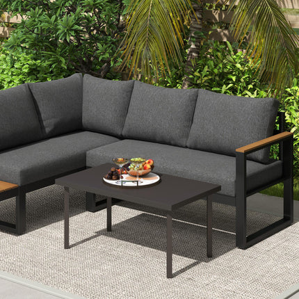 Metal Garden Coffee Table, Rectangular Outdoor Side Table with Woodgrain Tableto