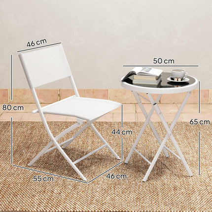 3 Piece Outdoor Bistro Set with Glass Top Table and Folding Chairs - White