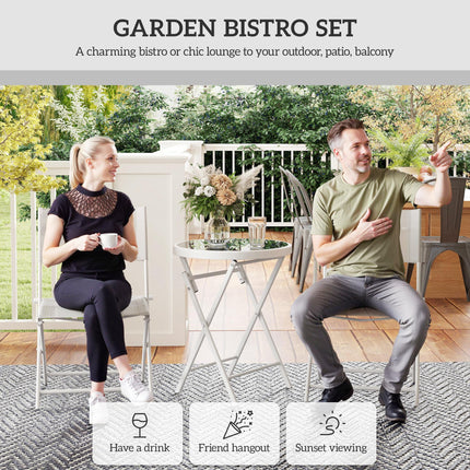 3 Piece Outdoor Bistro Set with Glass Top Table and Folding Chairs - White