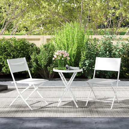 3 Piece Outdoor Bistro Set with Glass Top Table and Folding Chairs - White