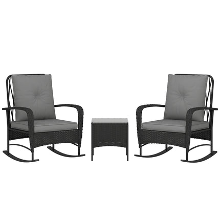 3 Piece Rocking Chair Rattan Bistro Set with Glass Table - Black