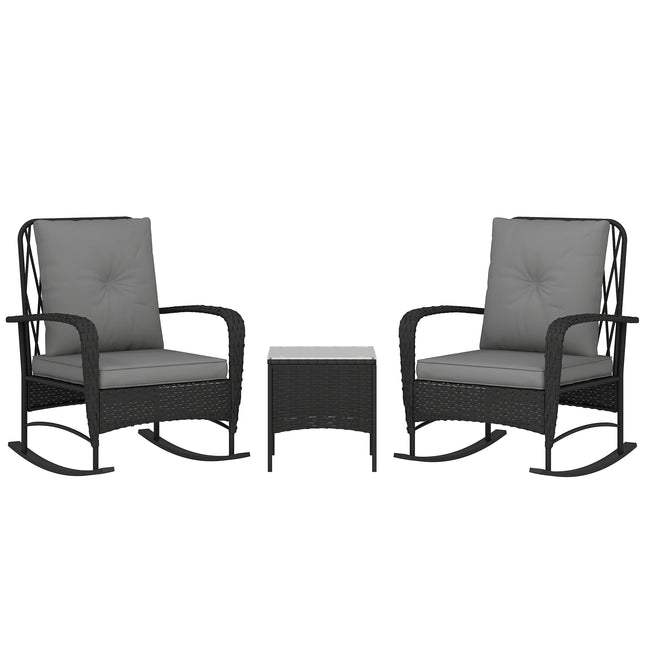 3 Piece Rocking Chair Rattan Bistro Set with Glass Table - Black