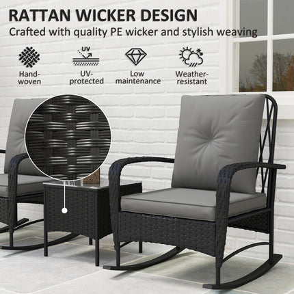 3 Piece Rocking Chair Rattan Bistro Set with Glass Table - Black