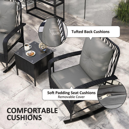 3 Piece Rocking Chair Rattan Bistro Set with Glass Table - Black