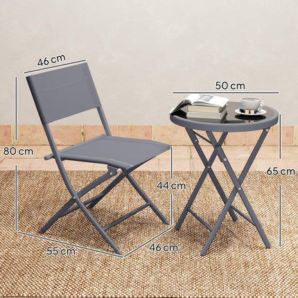 3-Piece Outdoor Bistro Set with Glass Top Table and Folding Chairs - Grey