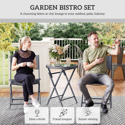 3-Piece Outdoor Bistro Set with Glass Top Table and Folding Chairs - Grey