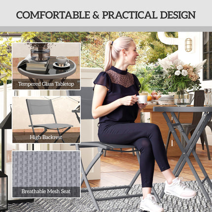 3-Piece Outdoor Bistro Set with Glass Top Table and Folding Chairs - Grey