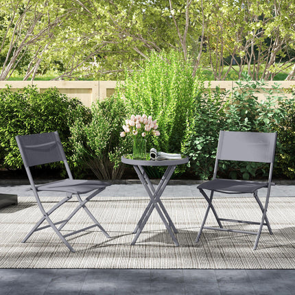 3-Piece Outdoor Bistro Set with Glass Top Table and Folding Chairs - Grey