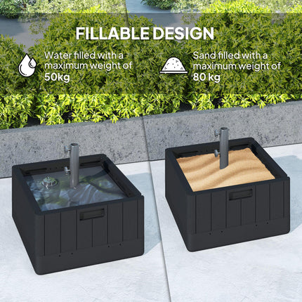 Garden Parasol Base for 38 & 48mm Poles with Wheels and Handles, 80kg Sand or 50kg Water Fill - Black