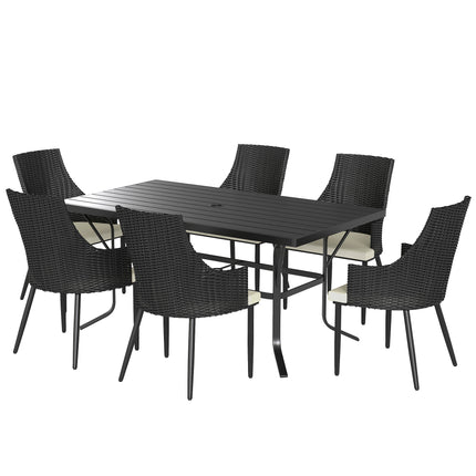 6 Seater Rattan Dining Set with Cushions and Steel Frame - Cream White