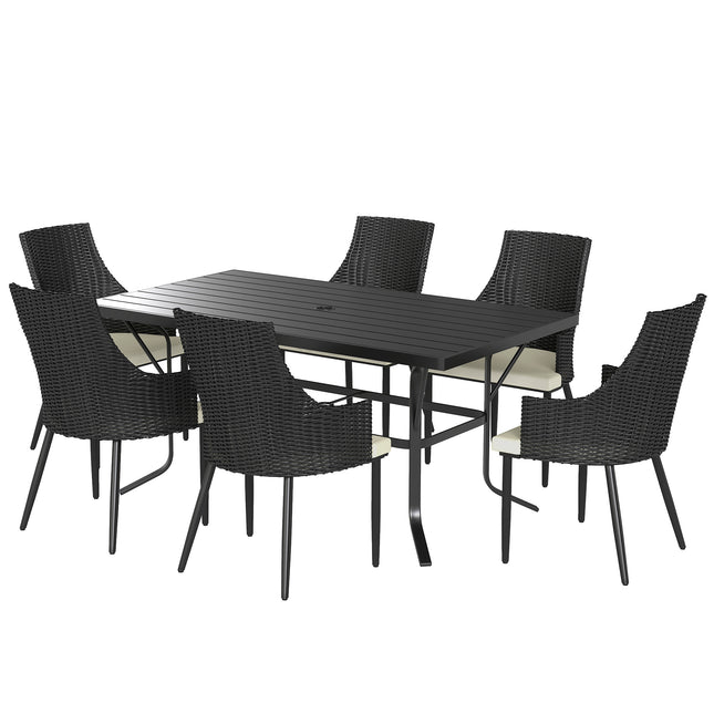 6 Seater Rattan Dining Set with Cushions and Steel Frame - Cream White