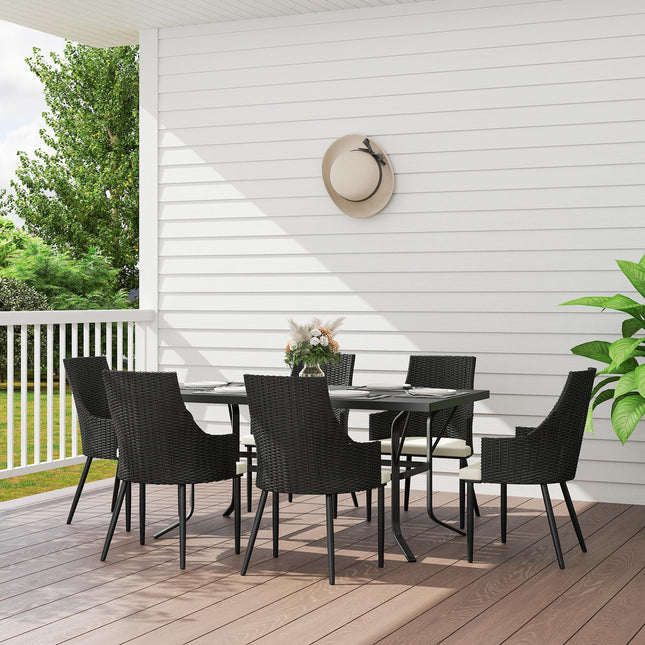 6 Seater Rattan Dining Set with Cushions and Steel Frame - Cream White