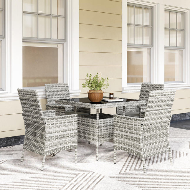 Rattan 4-Seater Outdoor Garden Dining Set with Cushions and Tempered Glass Table - Mixed Grey