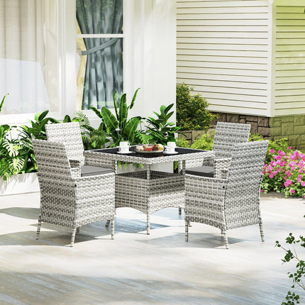 Rattan 4-Seater Outdoor Garden Dining Set with Cushions and Tempered Glass Table - Mixed Grey