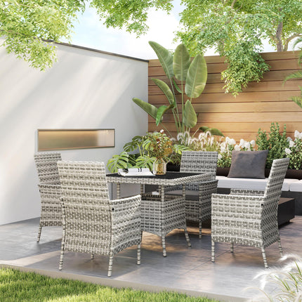 Rattan 4-Seater Outdoor Garden Dining Set with Cushions and Tempered Glass Table - Mixed Grey