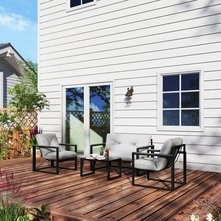 4-Piece Garden Furniture Set with Loveseat, Armchairs & Glass Coffee Table - Dark Grey
