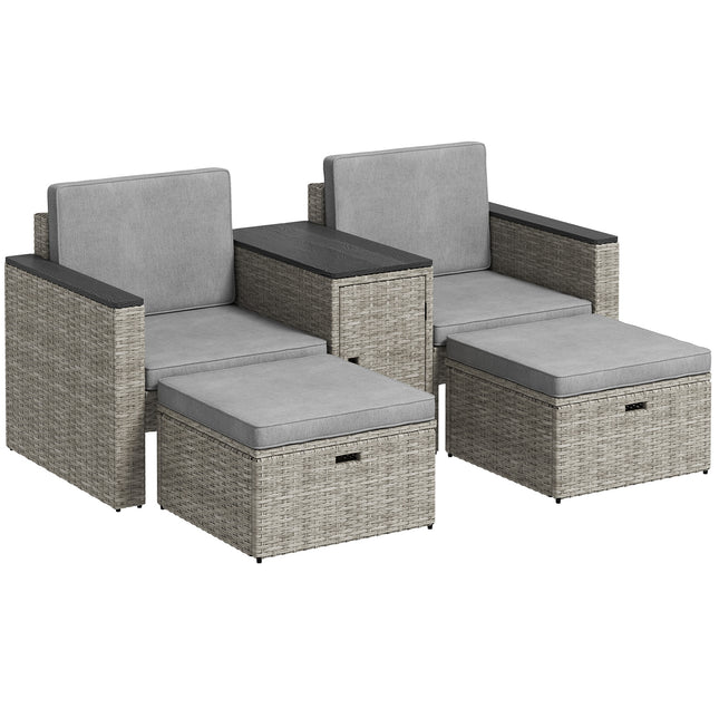 5 Piece Rattan Garden Furniture Conversation Set with Footstools and Storage Coffee Table - Grey