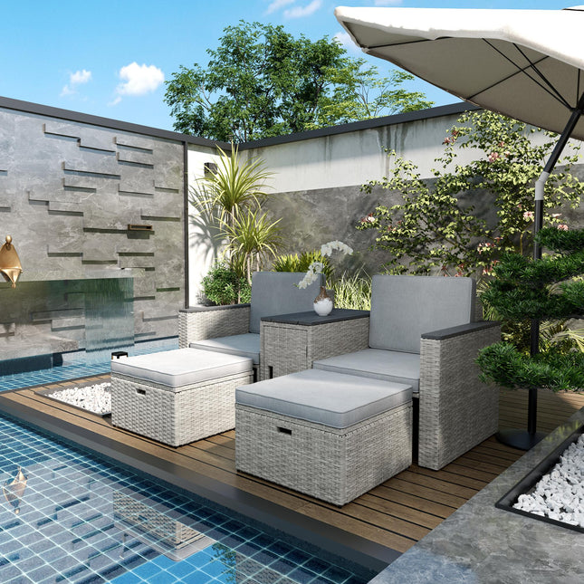 5 Piece Rattan Garden Furniture Conversation Set with Footstools and Storage Coffee Table - Grey